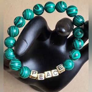 Green Malachite Beaded Bracelet with Gold Letter Charms " peace "